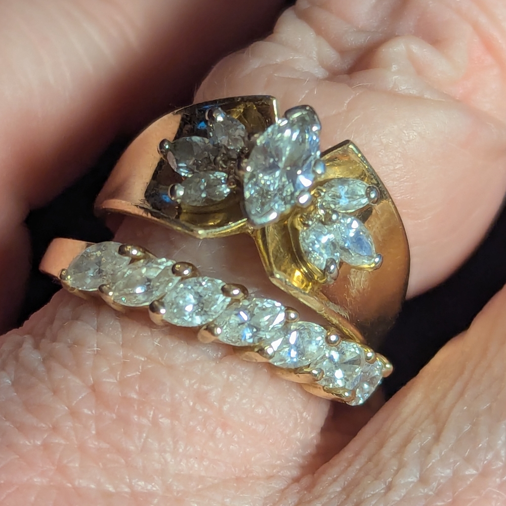 Yellow And White Gold Marquis Diamond Ring Set ( Both Rings!)  Size 8 14k